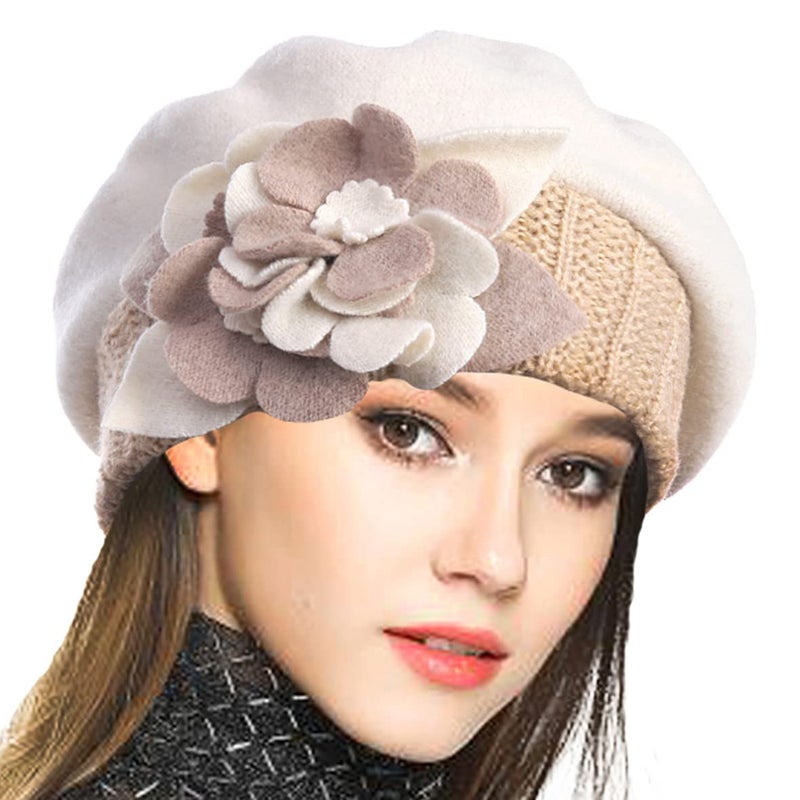 VECRY Lady French Beret 100% Wool Beret Floral Dress Beanie Winter Hat (Floral-Ivory) - Image 1